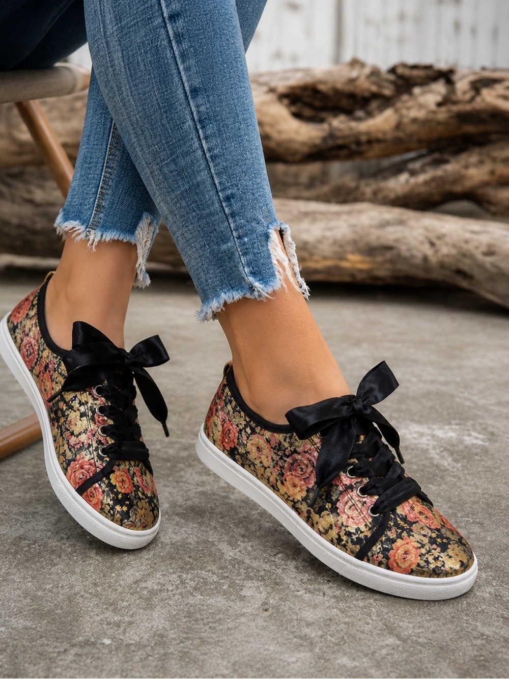 Dirty Laundry Floral Velvet Sneakers Sz 6.5 Satin Ribbon Lace-Up Low Top Casual